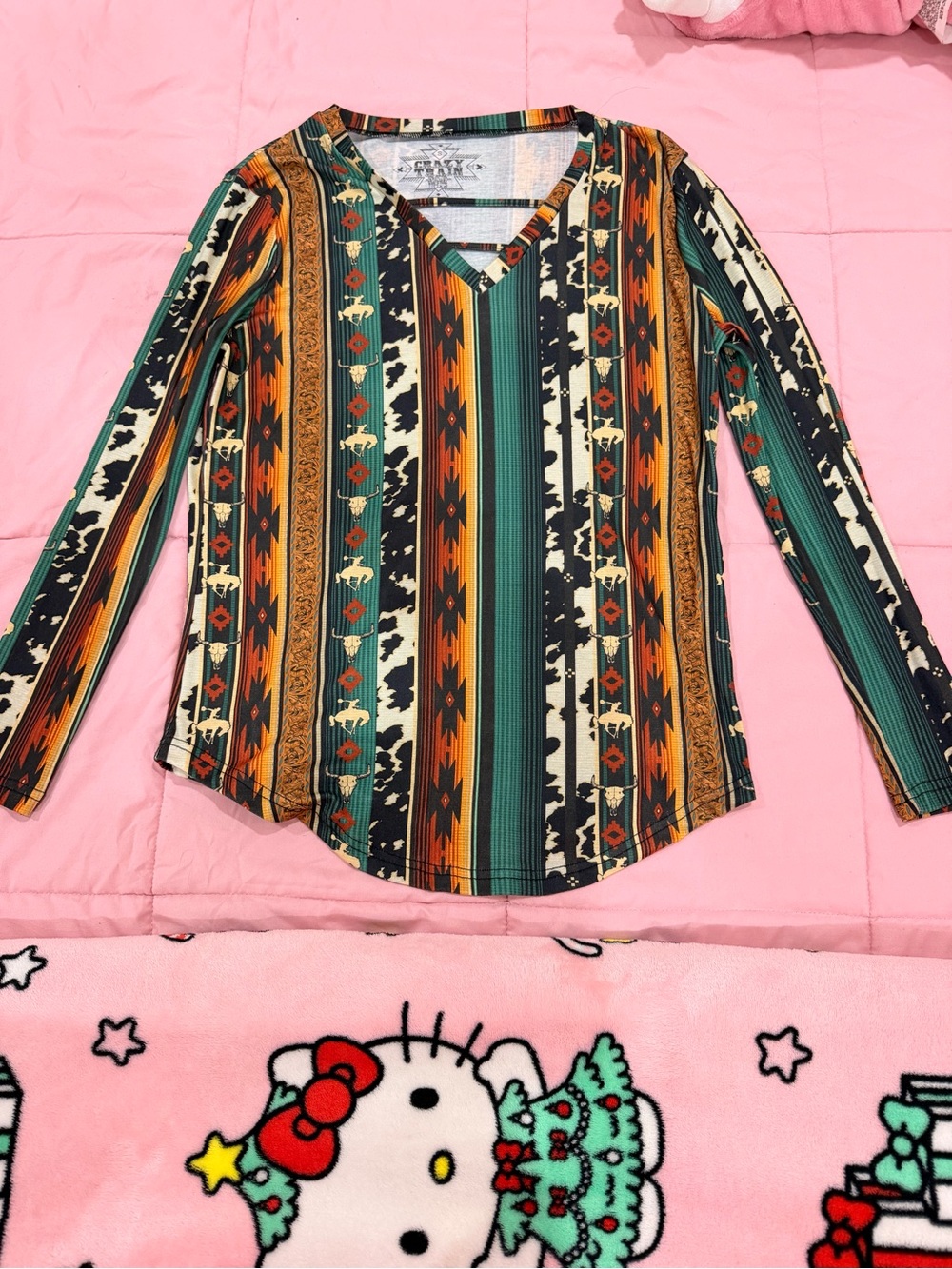 Crazy Train Aztec Stripe V-Neck Long Sleeve Top in Orange, Green, Black, Cream